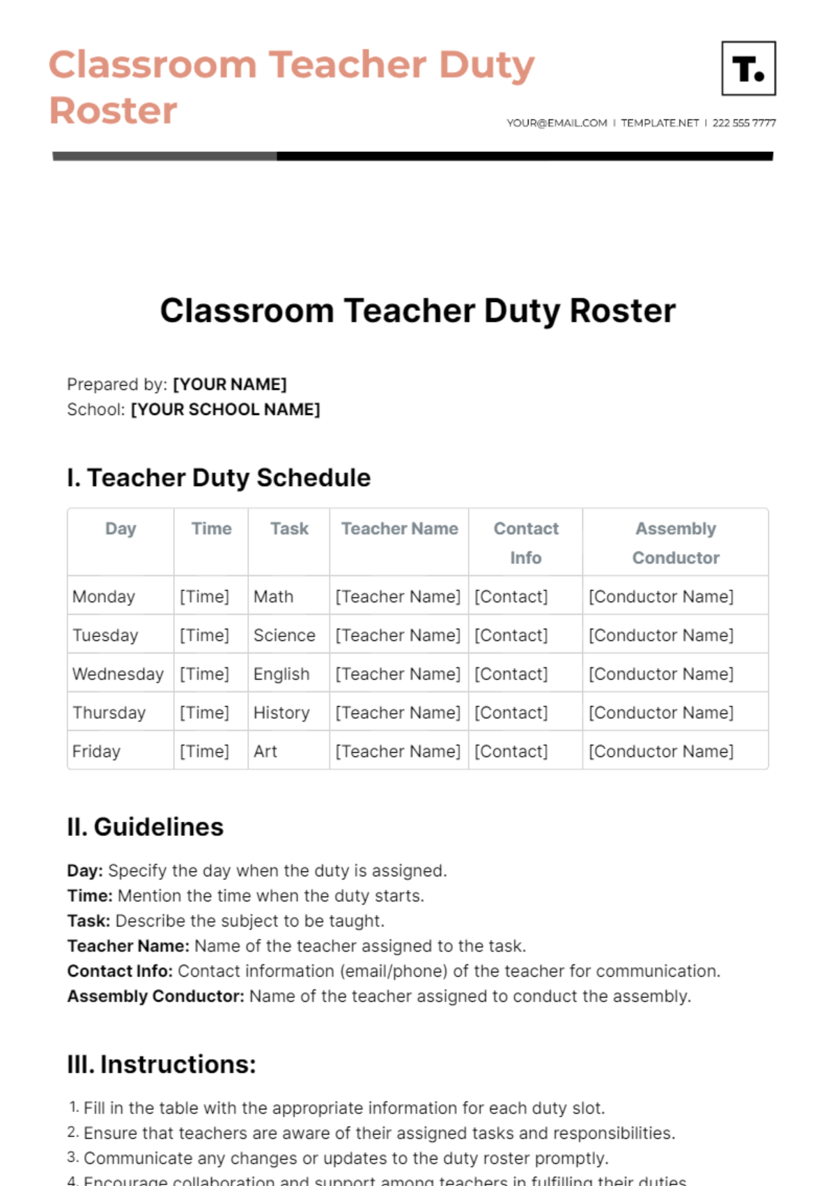 Classroom Teacher Duty Roster Template