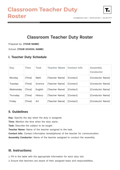 Free Classroom Teacher Duty Roster Template to Edit Online