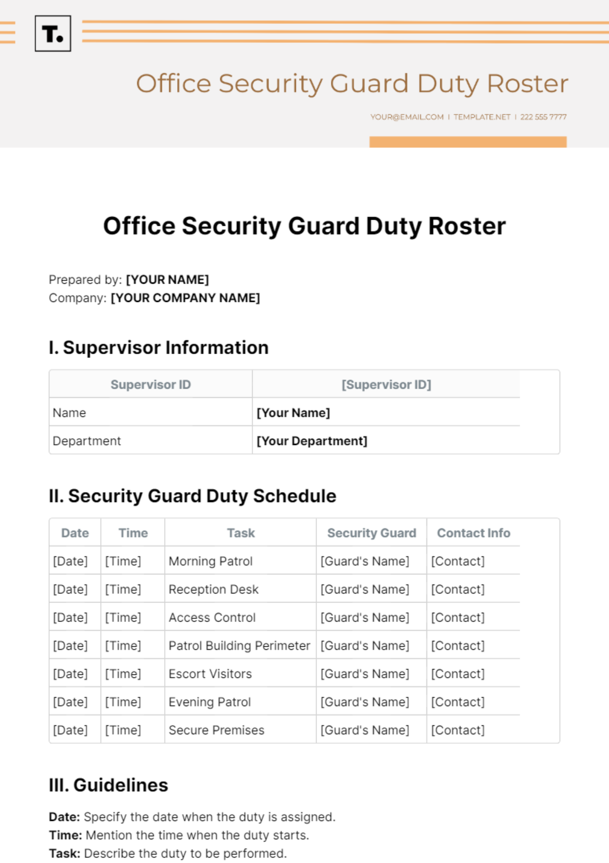 Office Security Guard Duty Roster Template