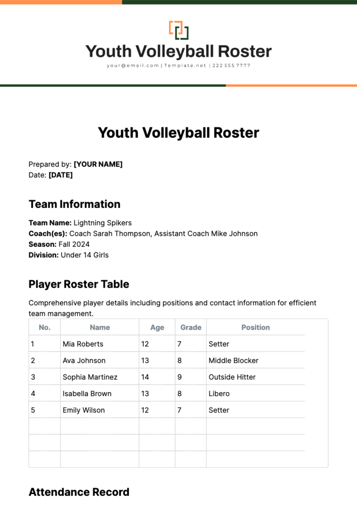 Youth Volleyball Roster Template