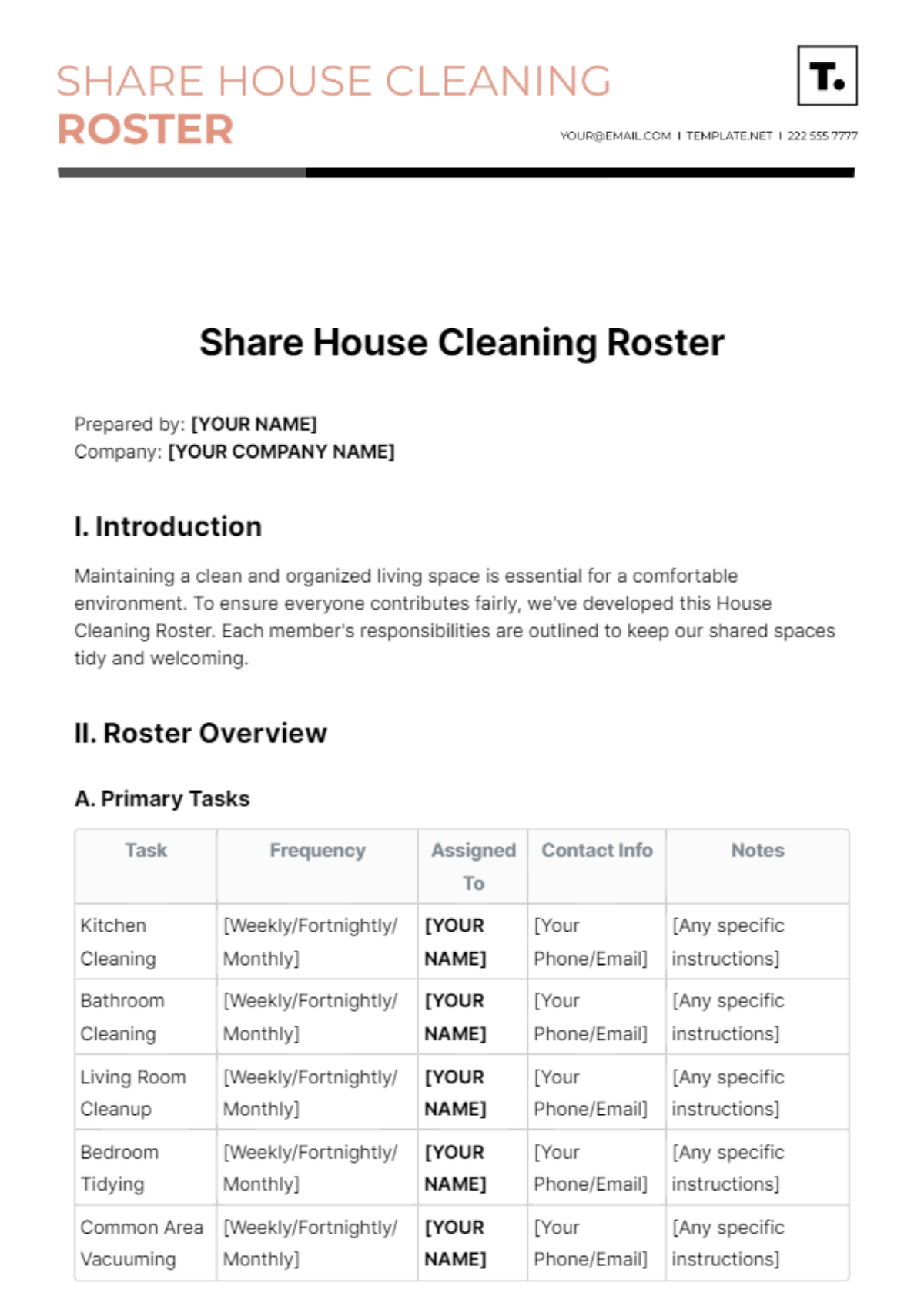 Share House Cleaning Roster Template