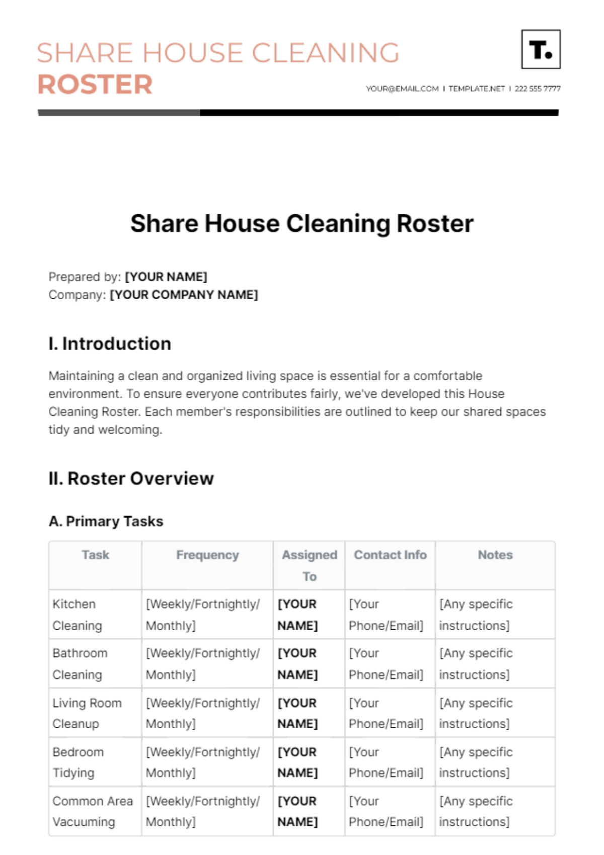 Share House Cleaning Roster Template - Edit Online & Download