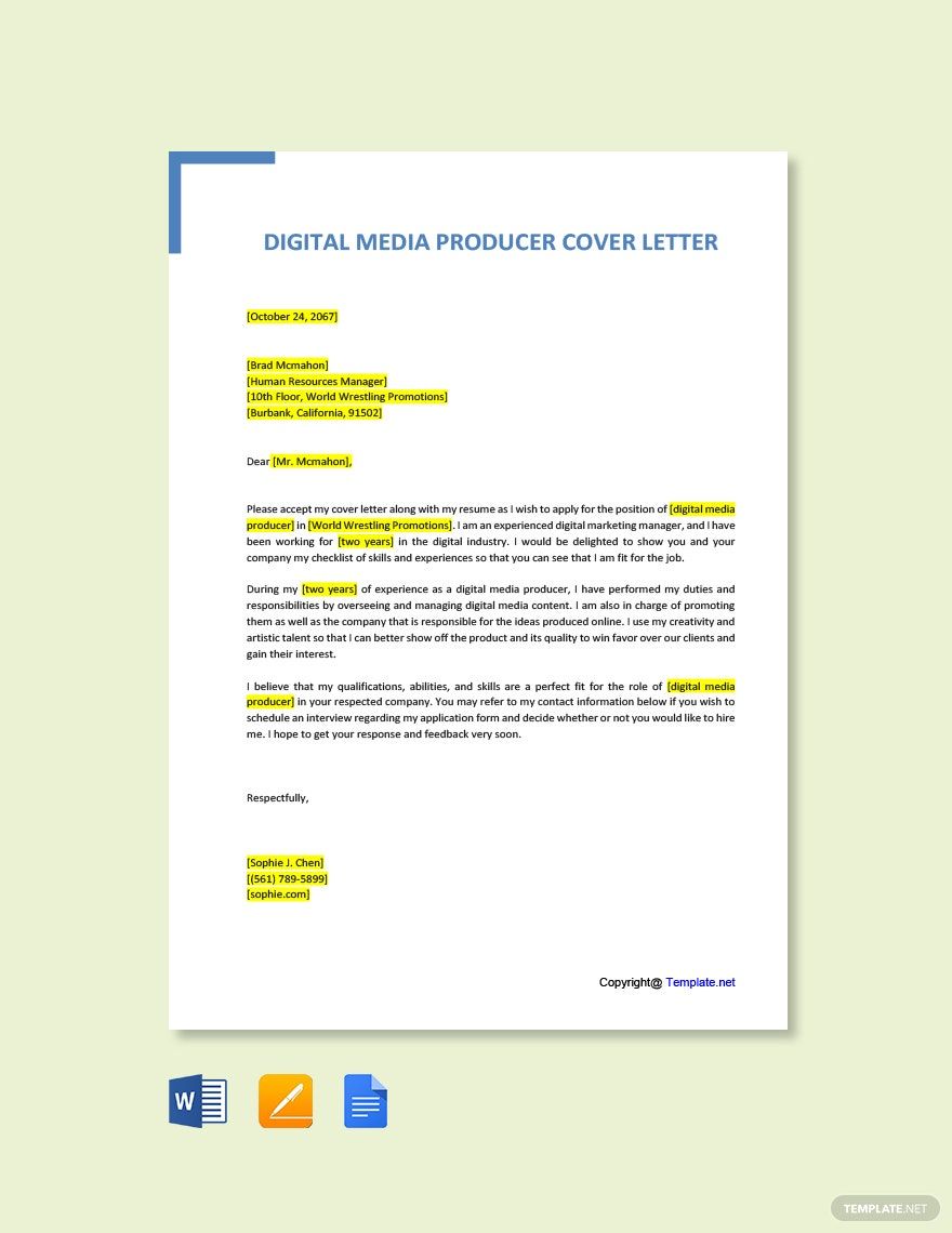 Free Digital Media Producer Cover Letter