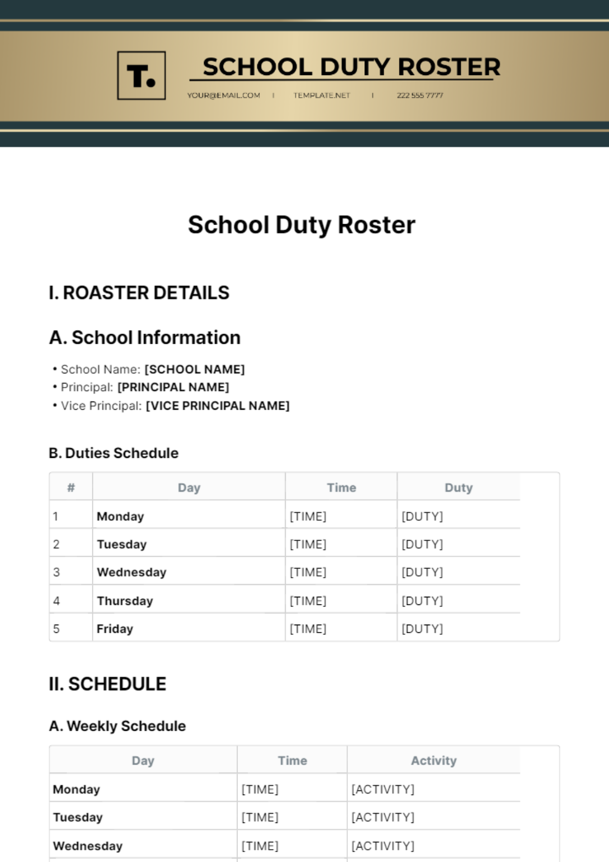 School Duty Roster Template - Edit Online & Download Example | Template.net