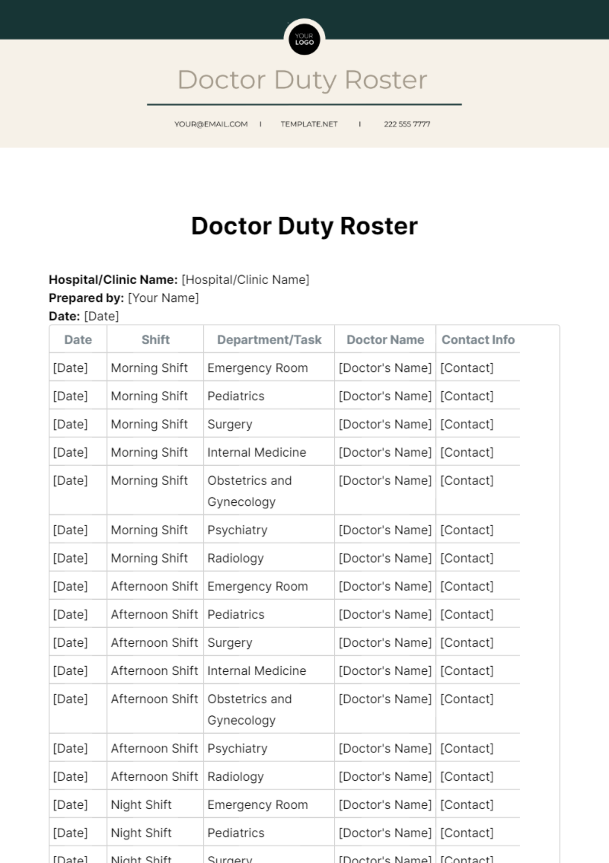 Doctor Duty Roster Template