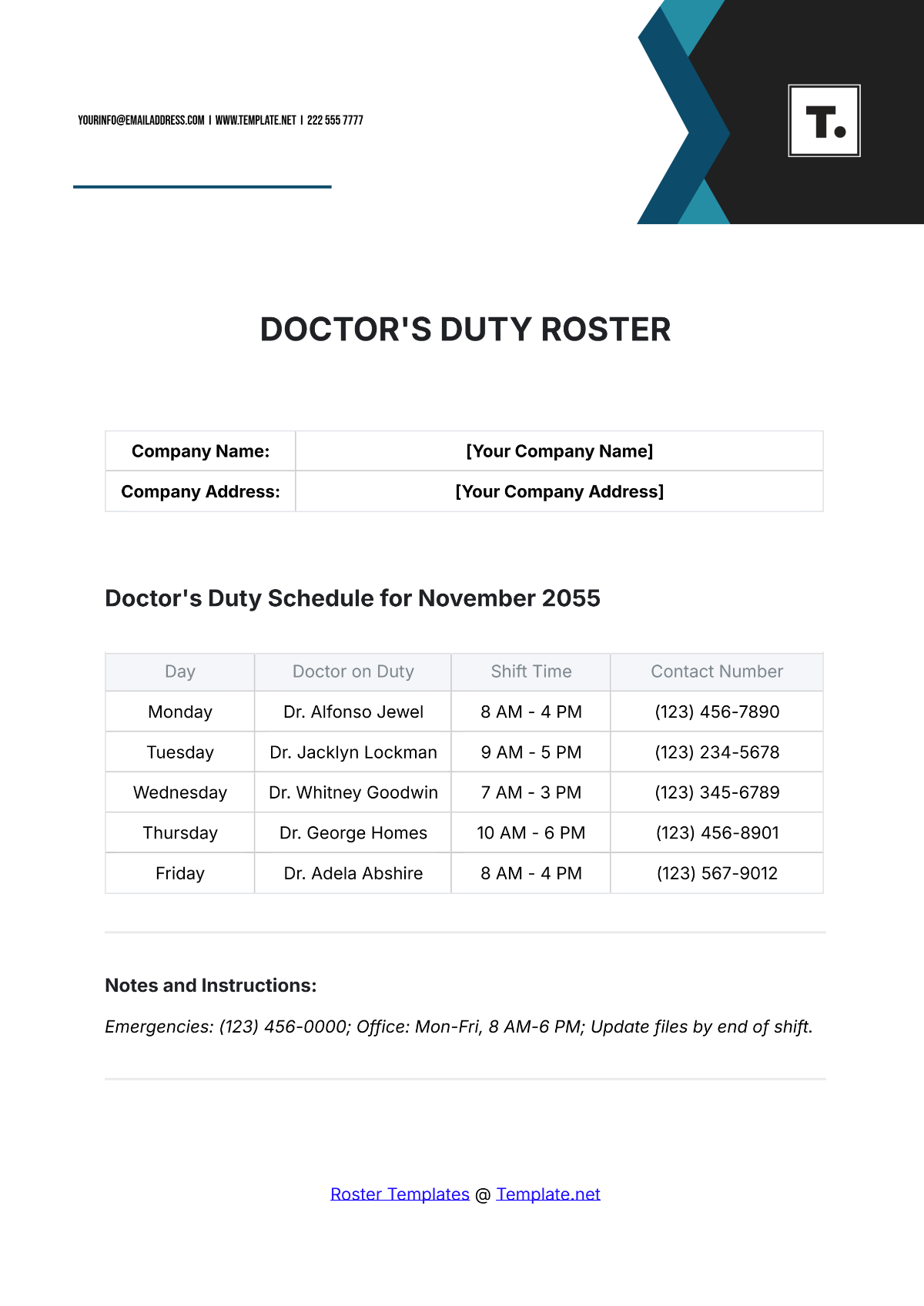 Doctor’s Duty Roster Template - Edit Online & Download