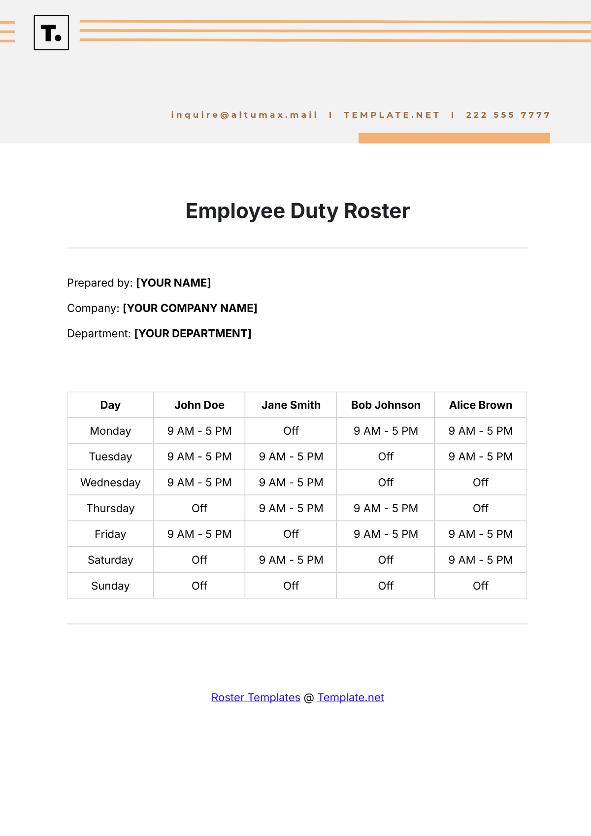 Employee Duty Roster Template - Edit Online & Download