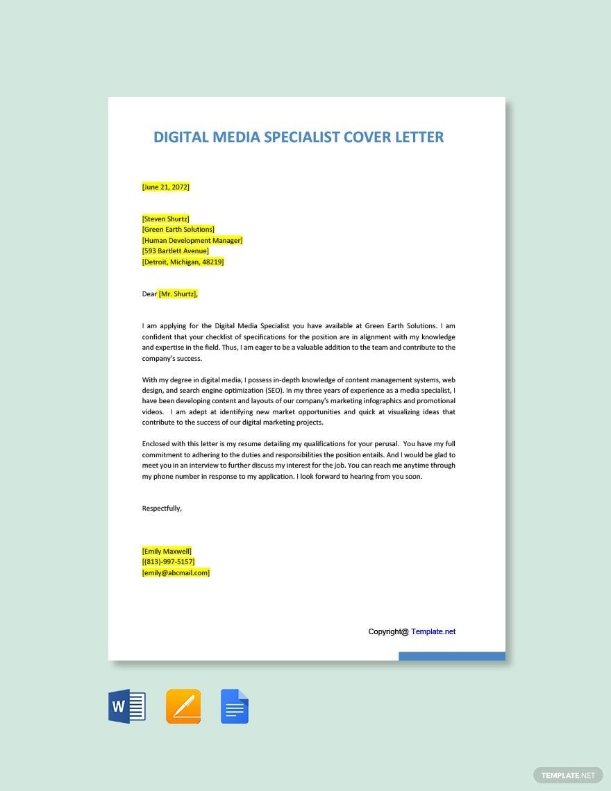 Digital Media Specialist Cover Letter