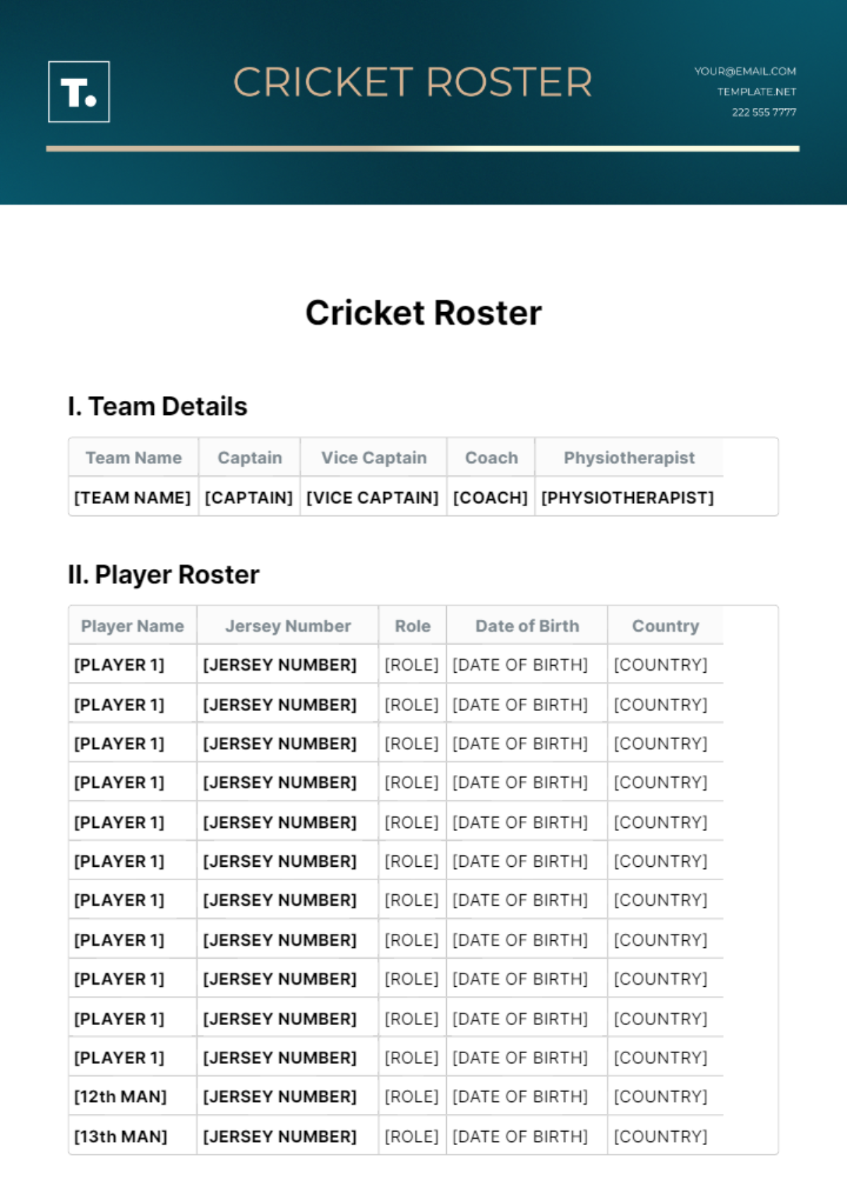 Cricket Roster Template