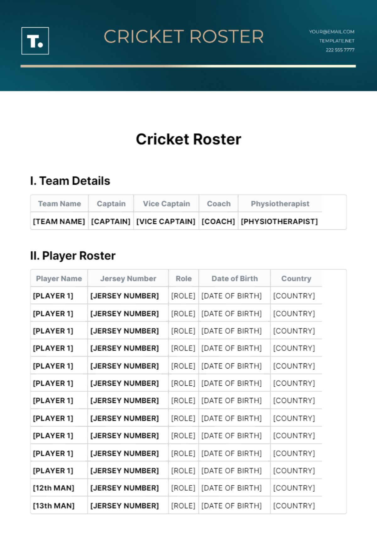 Cricket Roster Template - Edit Online & Download