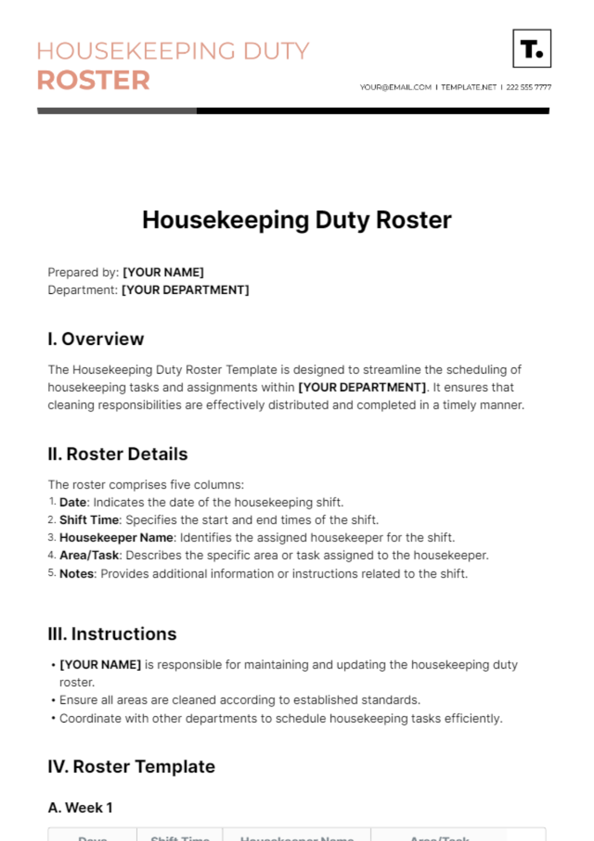 Housekeeping Duty Roster Template - Edit Online & Download