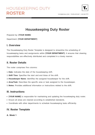 Free Housekeeping Duty Roster Template to Edit Online