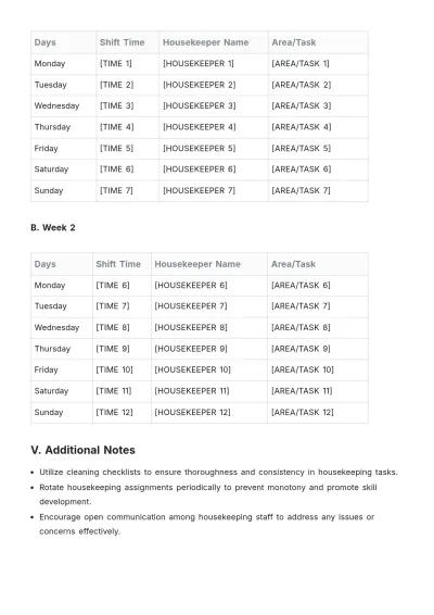 Free Housekeeping Duty Roster Template to Edit Online