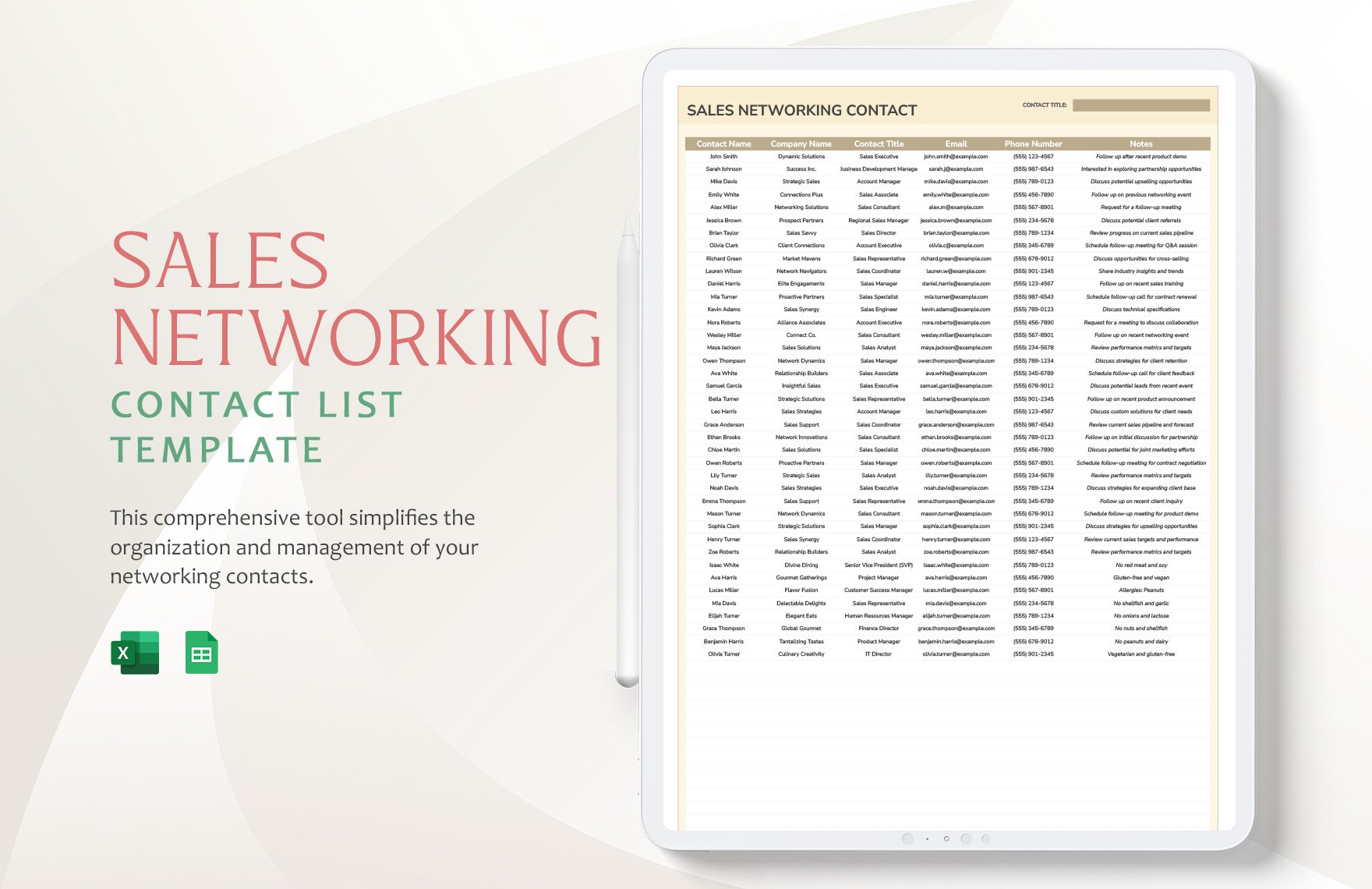 Sales Networking Contact List Template in Excel, Google Sheets
