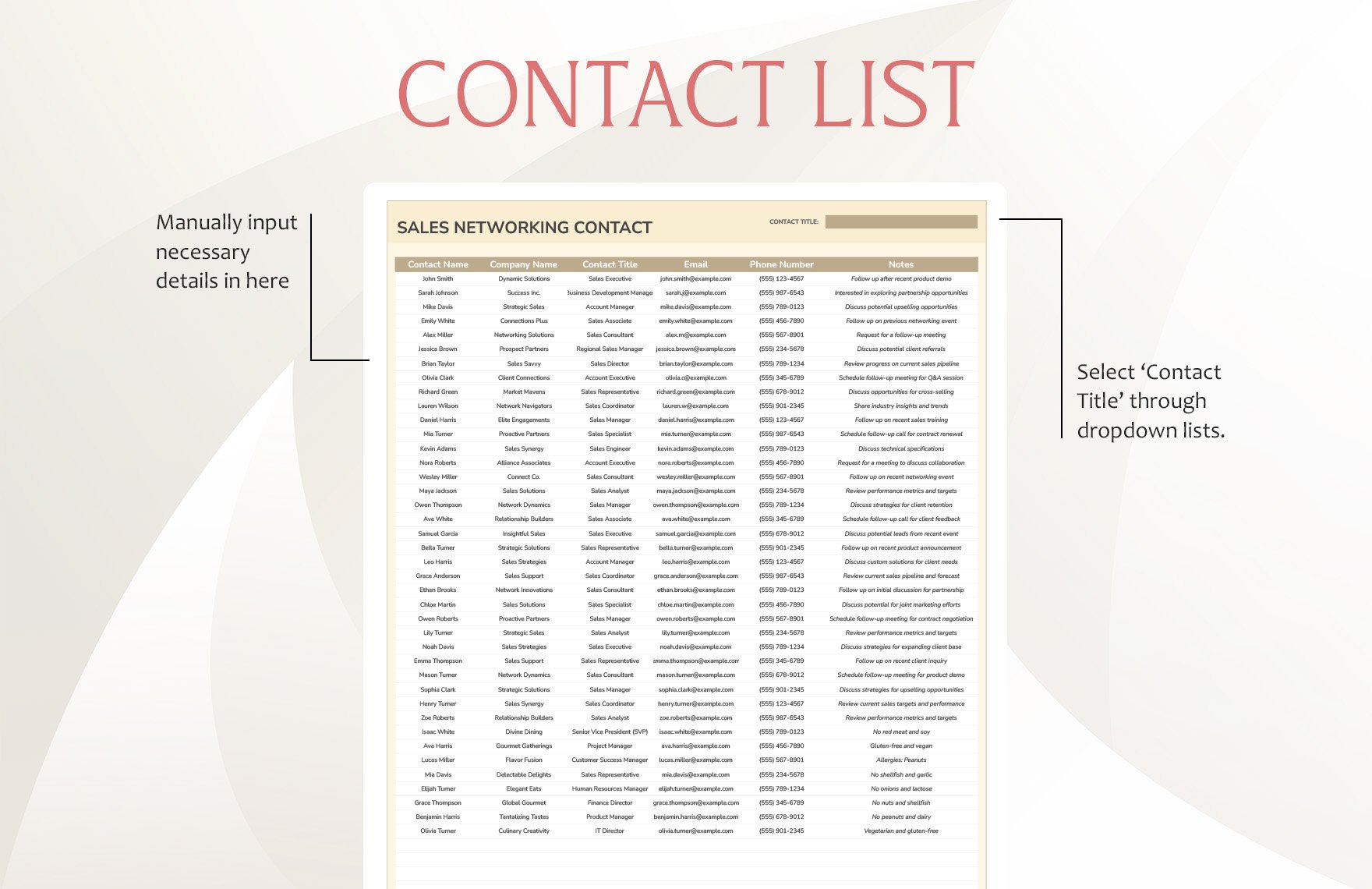 Sales Networking Contact List Template