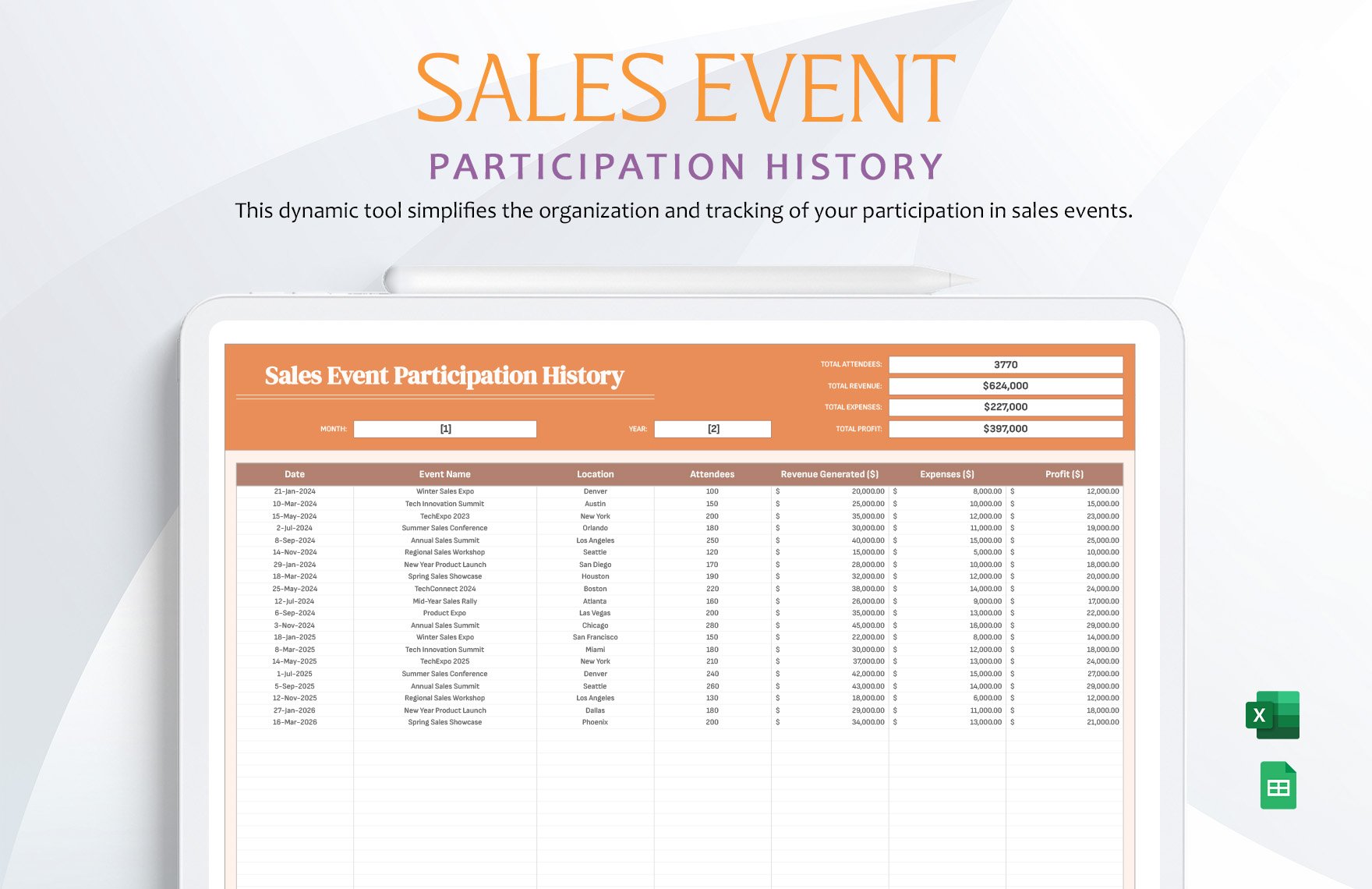 Sales Event Participation History Template in Excel, Google Sheets