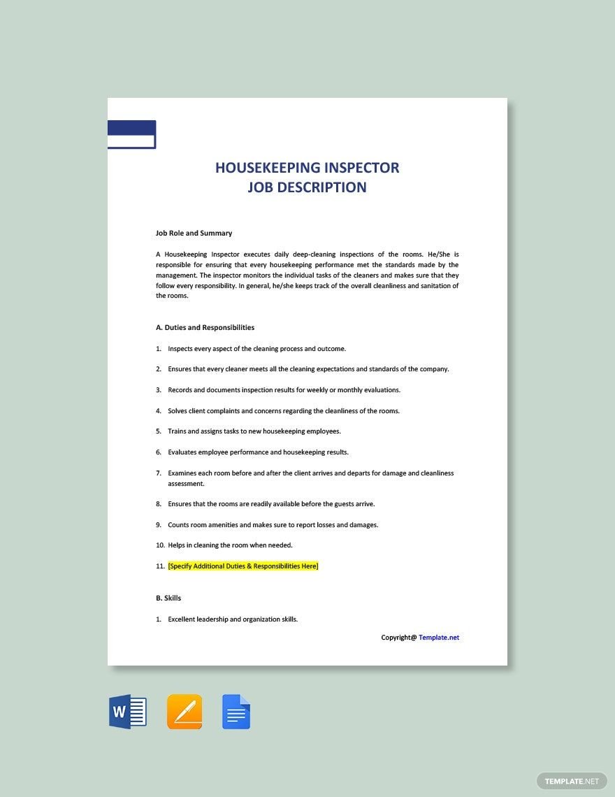 Housekeeping Inspector Job Ad and Description Template