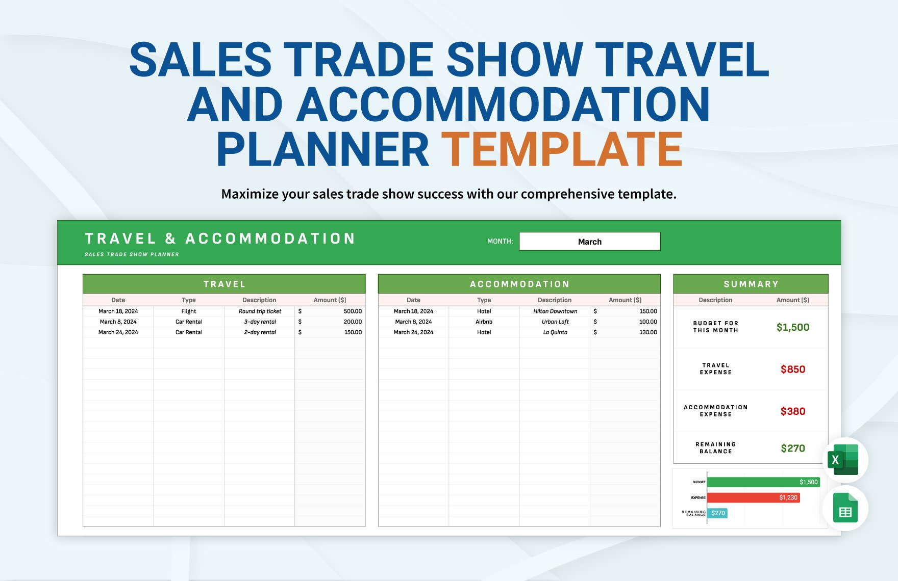 Sales Trade Show Travel and Accommodation Planner Template in Excel, Google Sheets