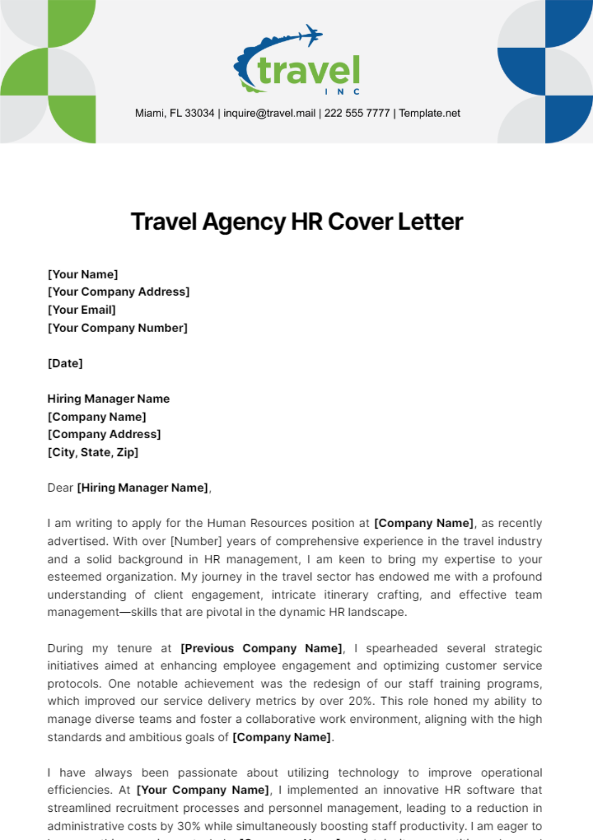 Travel Agency HR Cover Letter Template