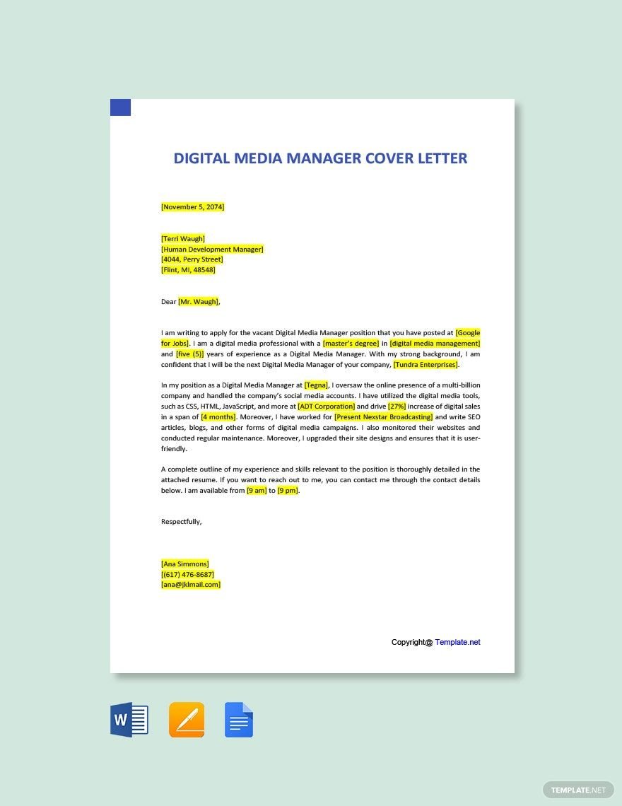 Digital Media Manager Cover Letter Template
