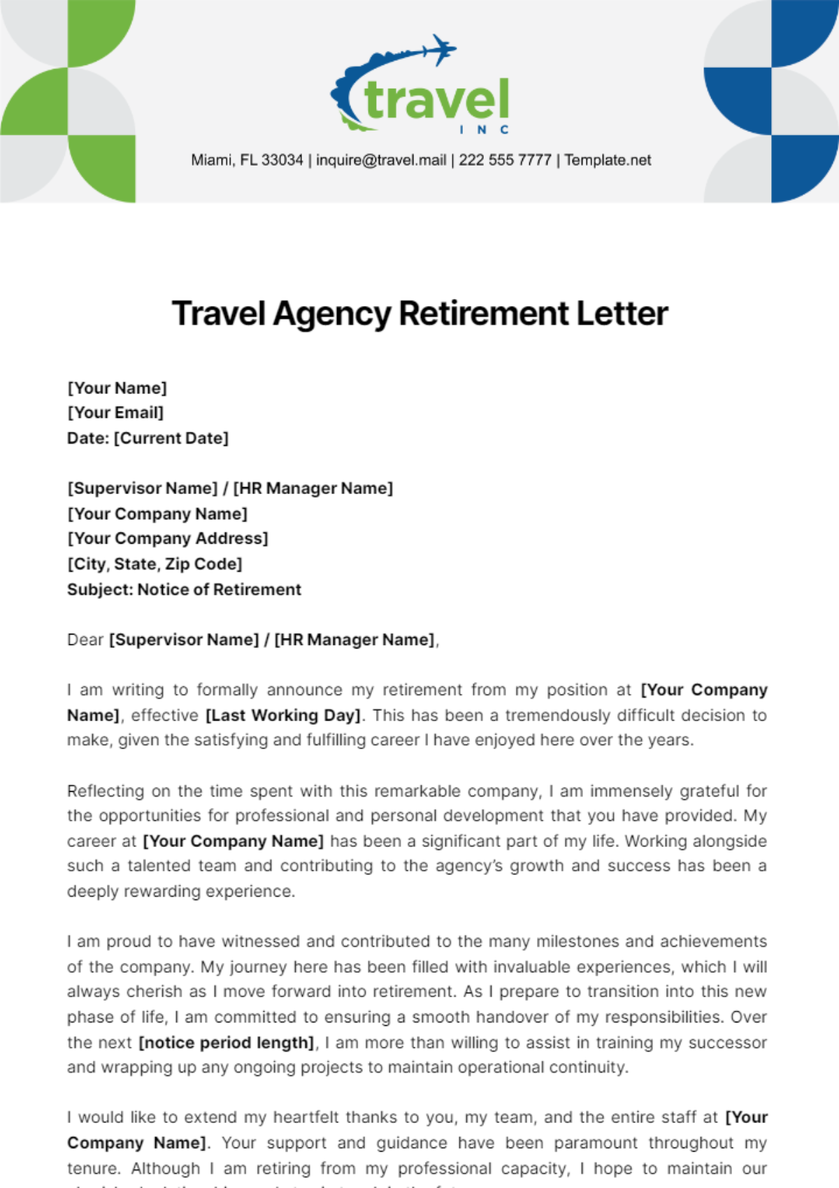 Travel Agency Retirement Letter Template