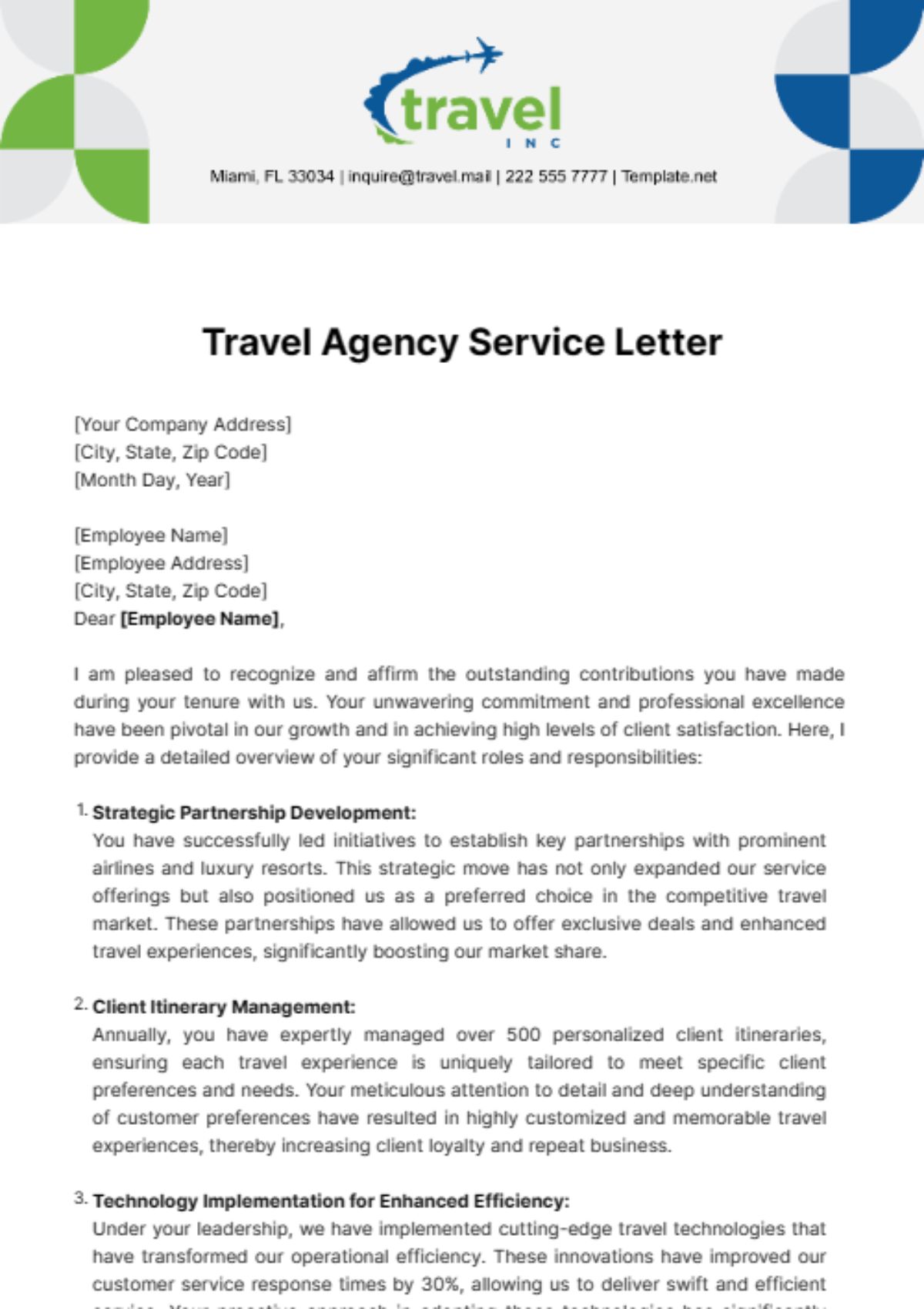 Travel Agency Service Letter Template