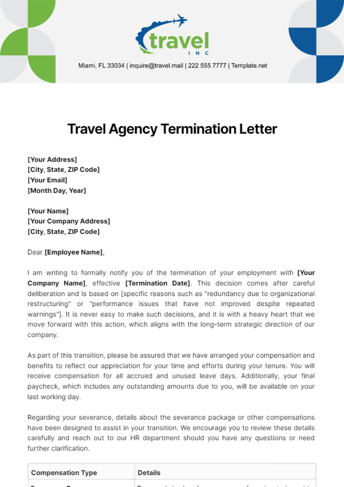 Travel Agency Termination Letter Template