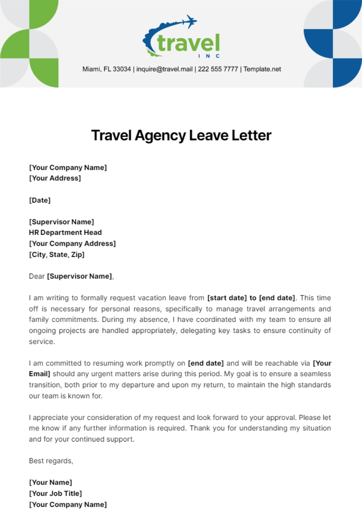 Travel Agency Leave Letter Template