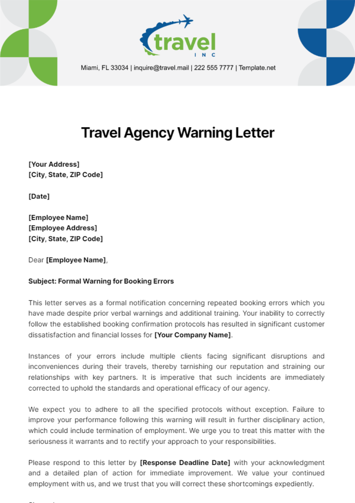 Travel Agency Warning Letter Template