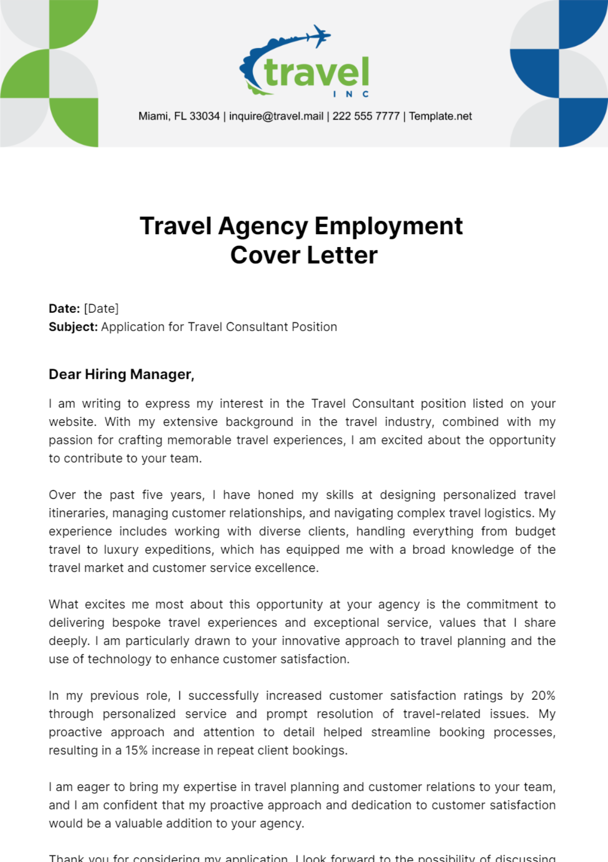 Travel Agency Employment Cover Letter Template