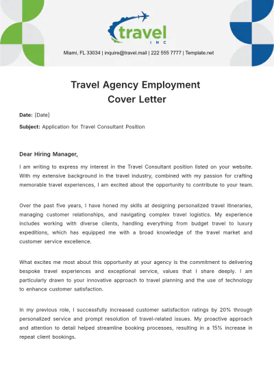 Free Travel Agency Employment Cover Letter Template to Edit Online