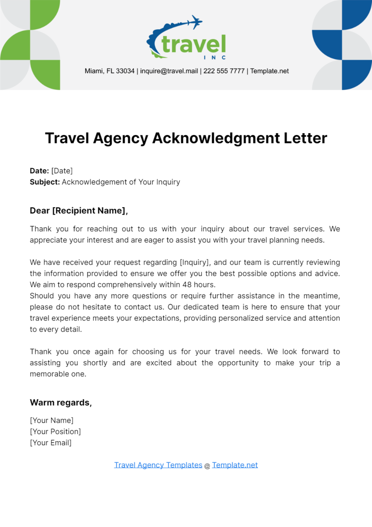 Travel Agency Acknowledgement Letter Template