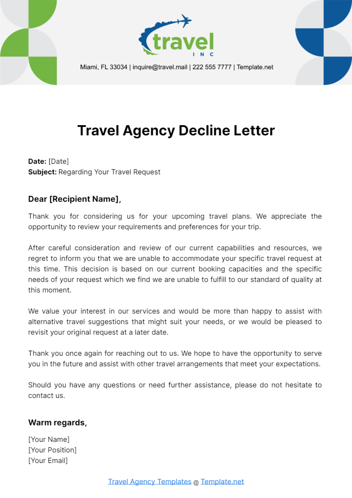 Travel Agency Decline Letter Template