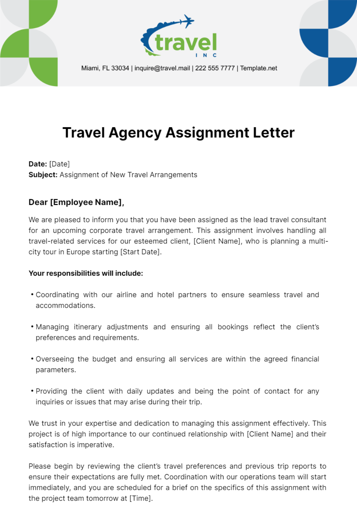Free Travel Agency Assignment Letter Template
