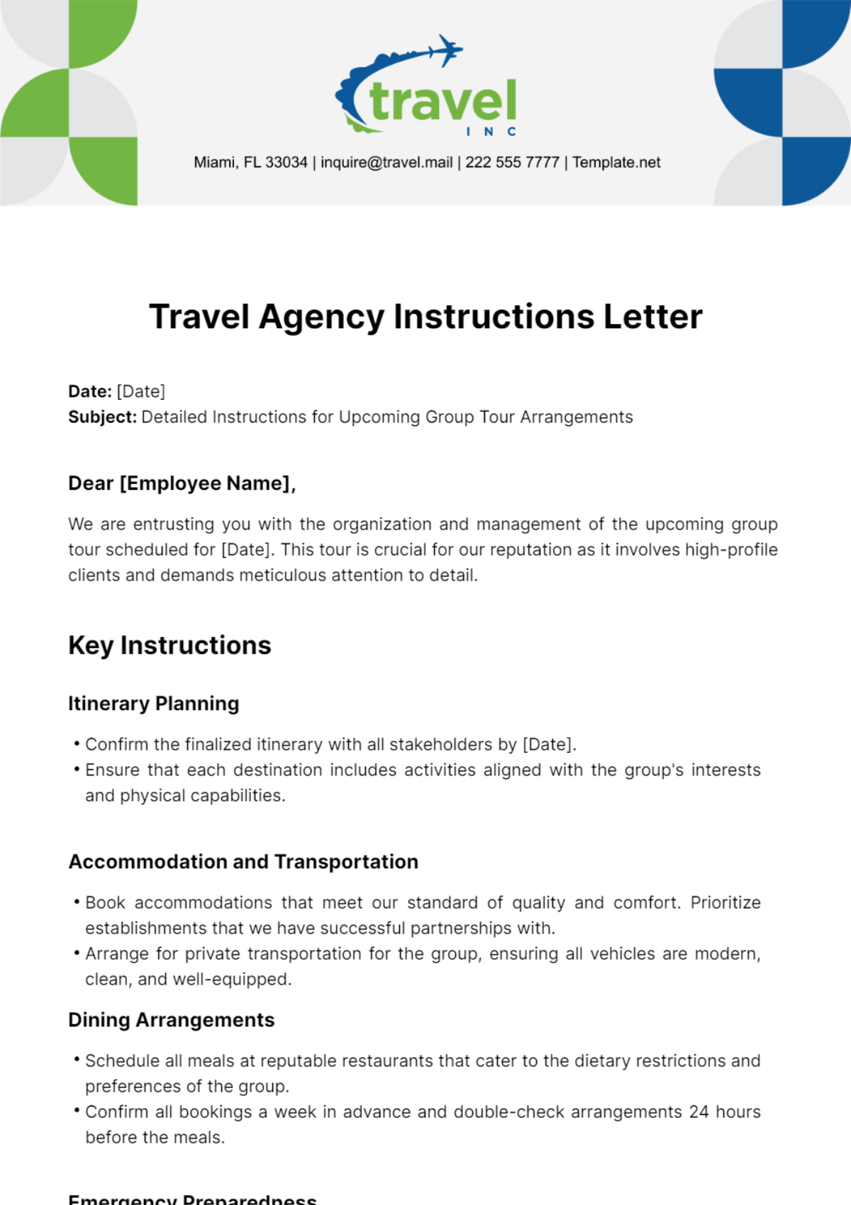 Travel Agency Instructions Letter Template