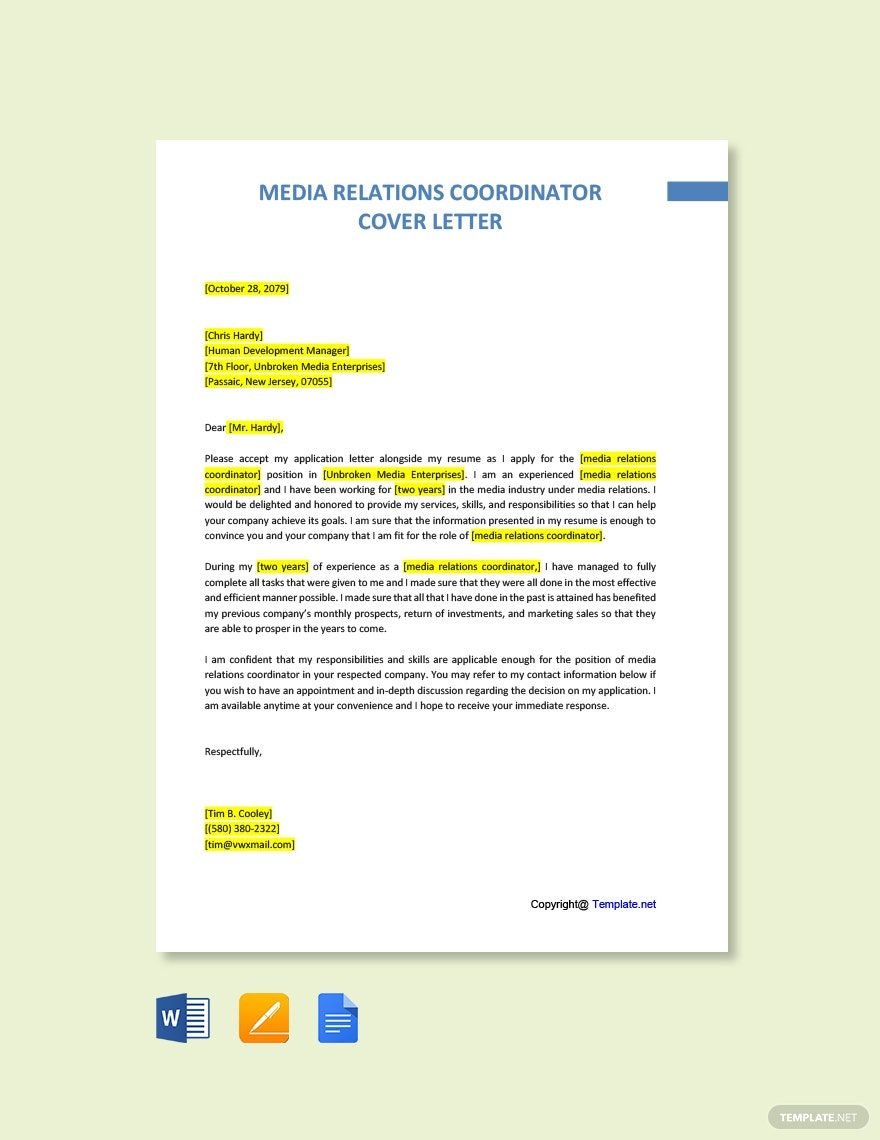 Media Relations Coordinator Cover Letter Template