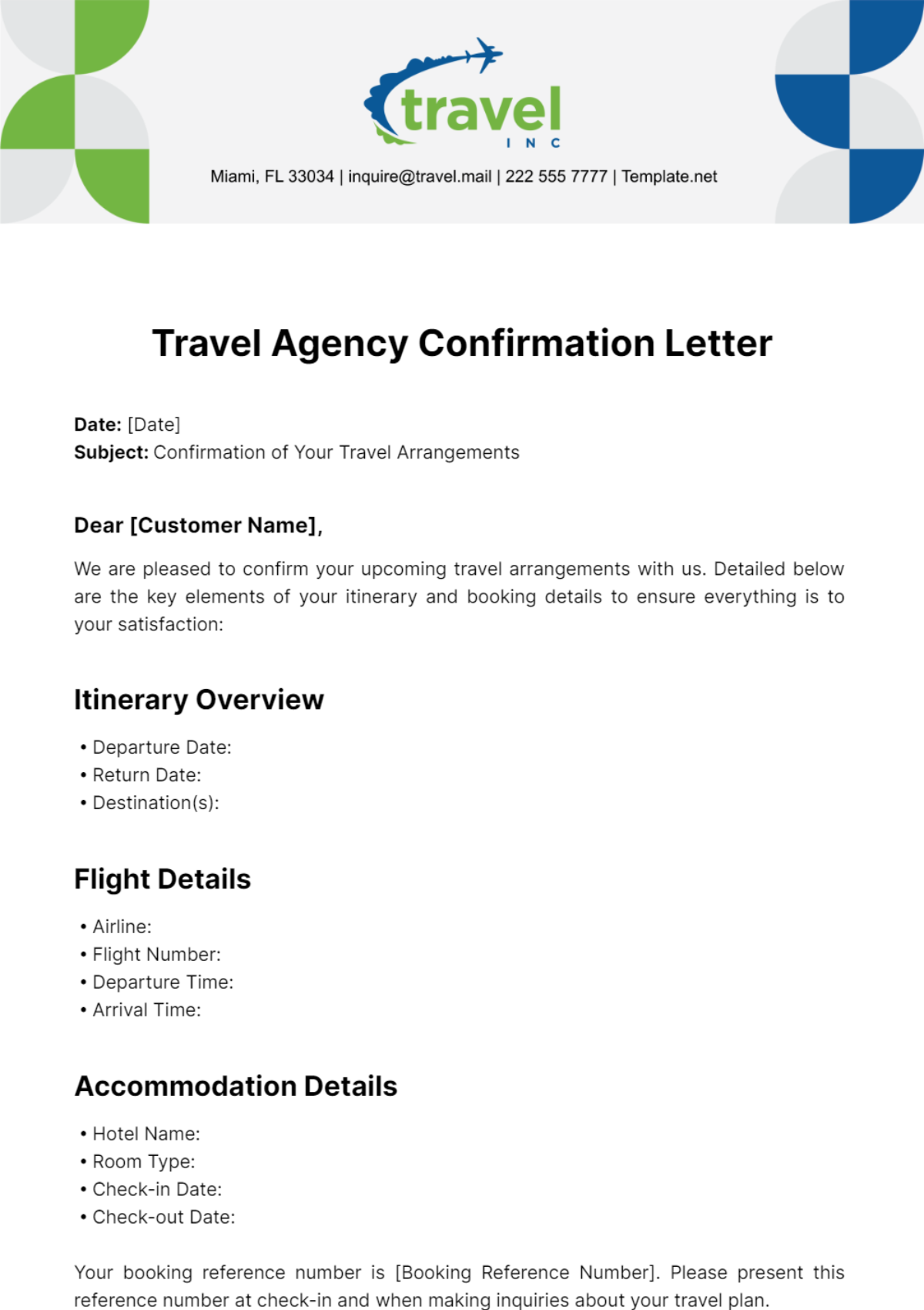 Travel Agency Confirmation Letter Template