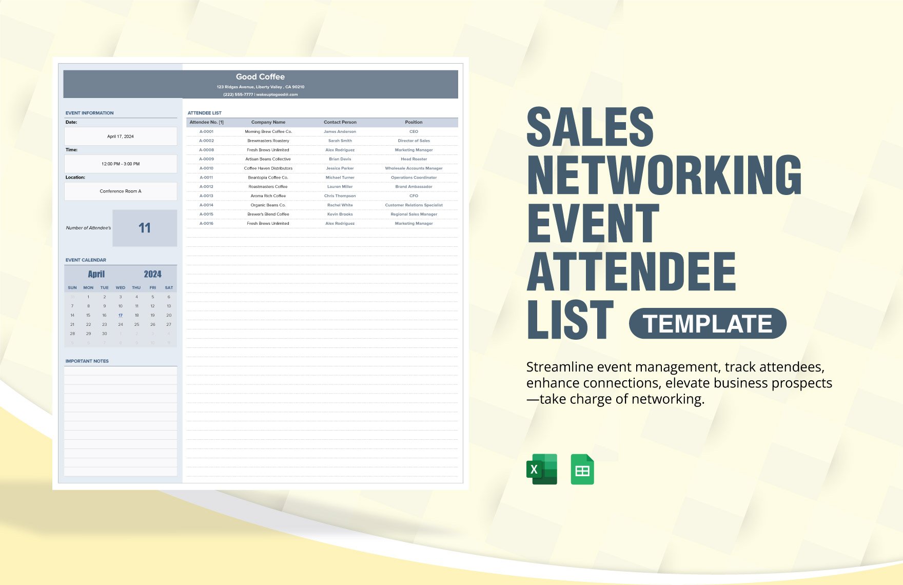 Sales Networking Event Attendee List Template in Excel, Google Sheets