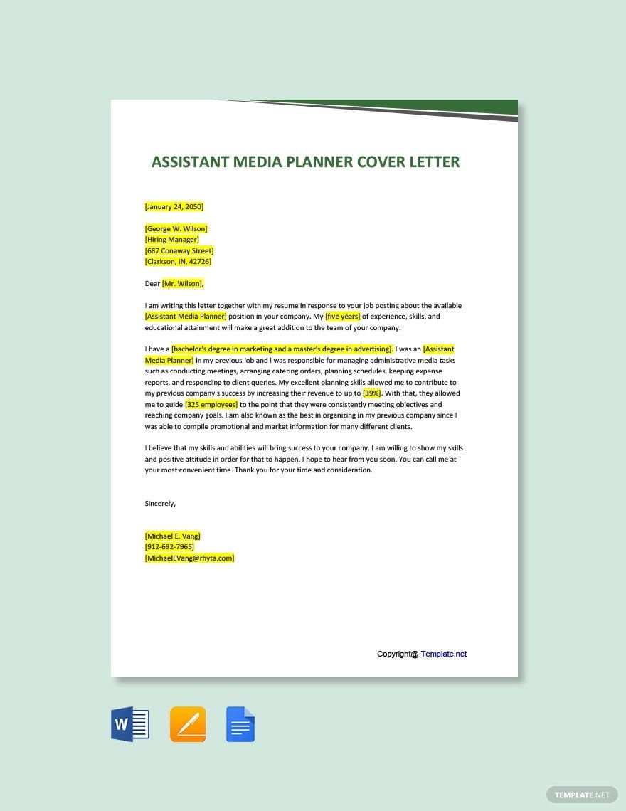 Assistant Media Planner Cover Letter Template