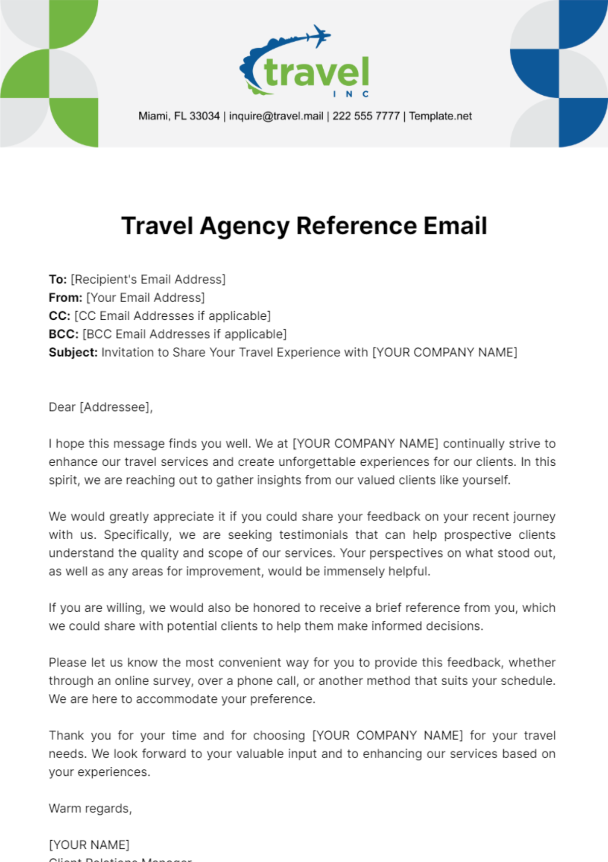 Free Travel Agency Reference Email Template