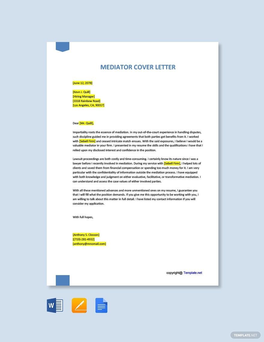 Free Mediator Cover Letter in Word, Google Docs, PDF, Apple Pages