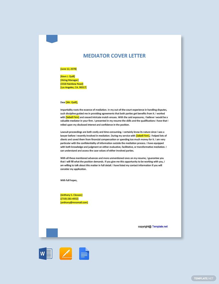 Mediator Cover Letter in Google Docs, Word, Pages, PDF Download