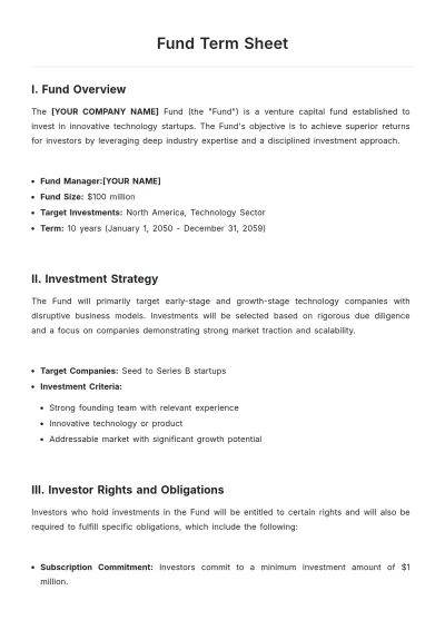 Free Fund Term Sheet Template to Edit Online