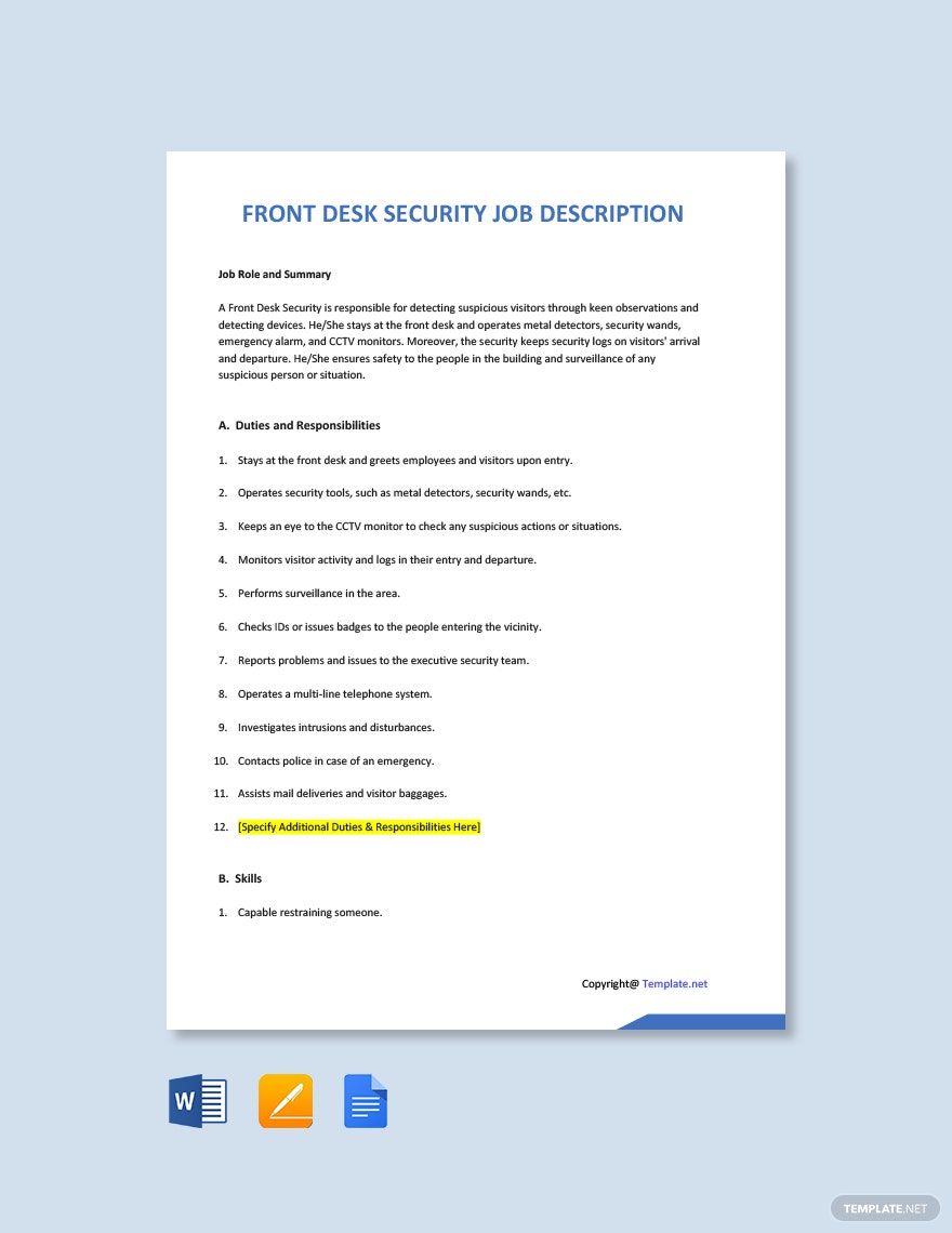 Front Desk Job Description PDF Templates, Free, Download