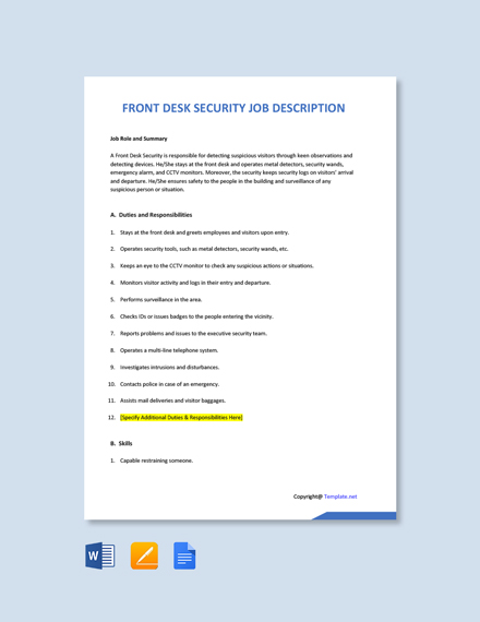 FREE Front Desk Security Job Ad Description Word Google Docs 