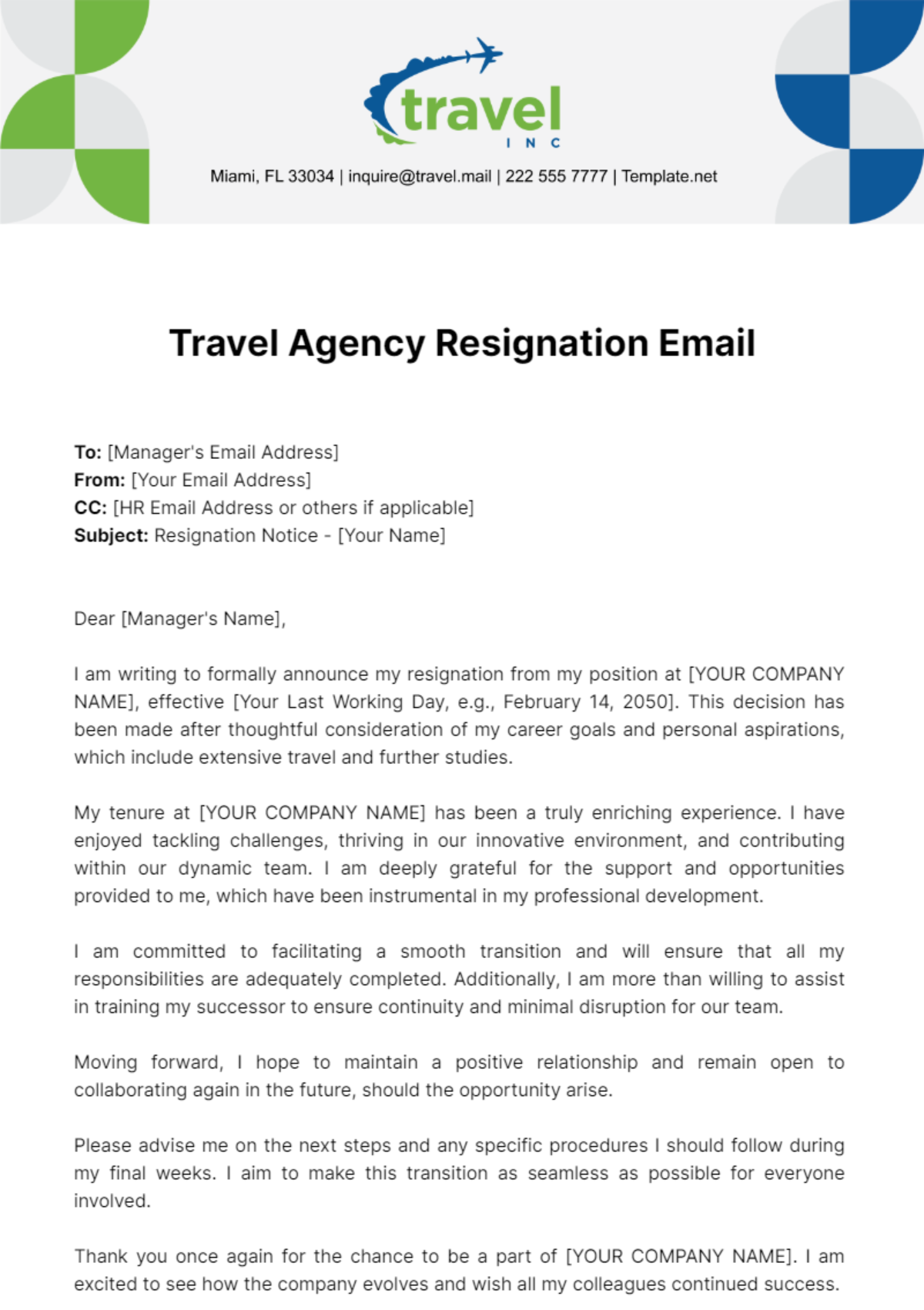 Travel Agency Resignation Email Template