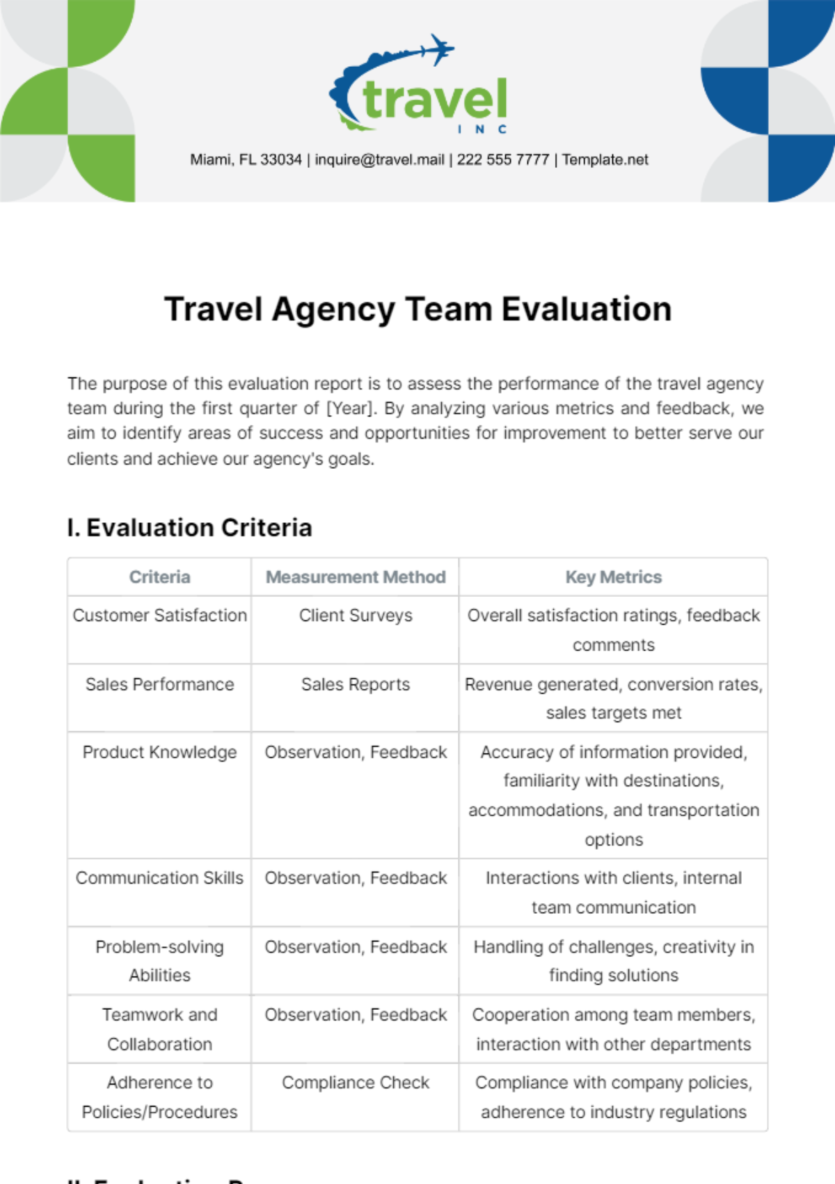 Travel Agency Team Evaluation Template