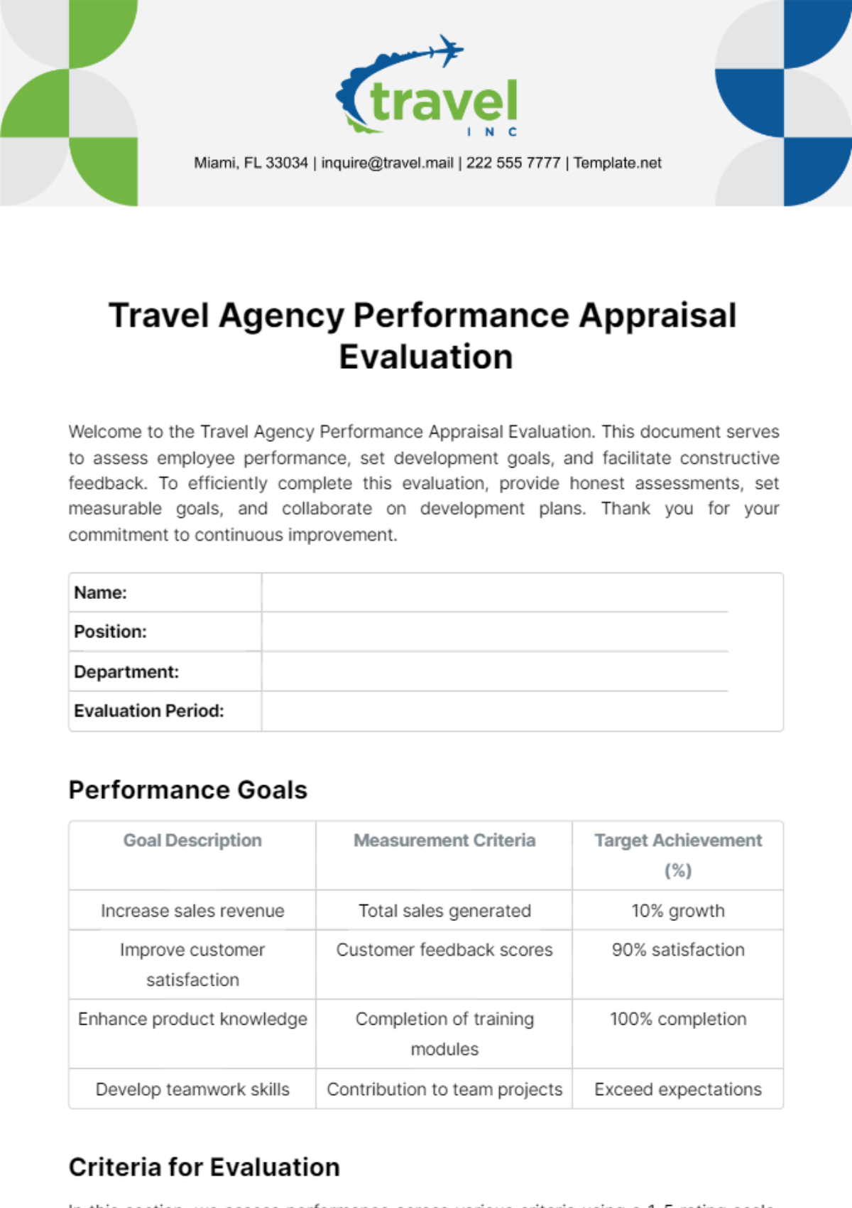 Free Travel Agency Performance Appraisal Evaluation Template