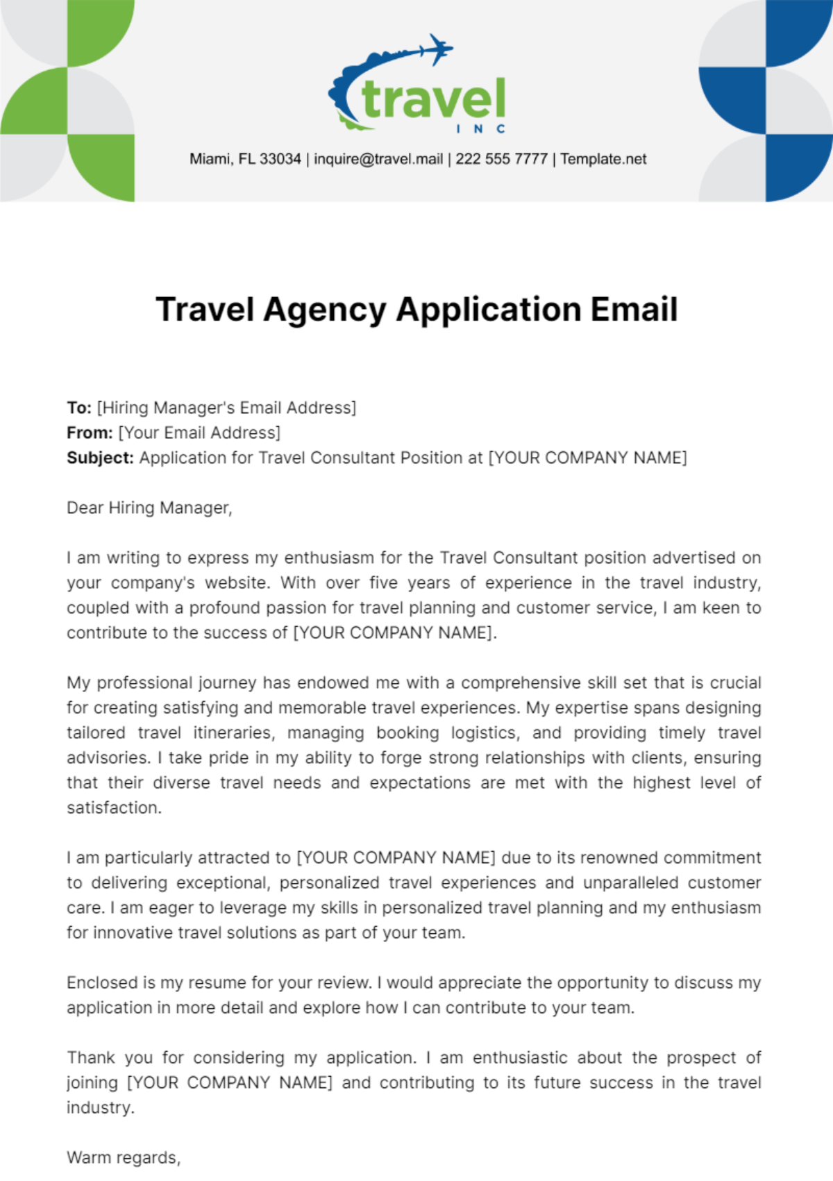 Free Travel Agency Application Email Template