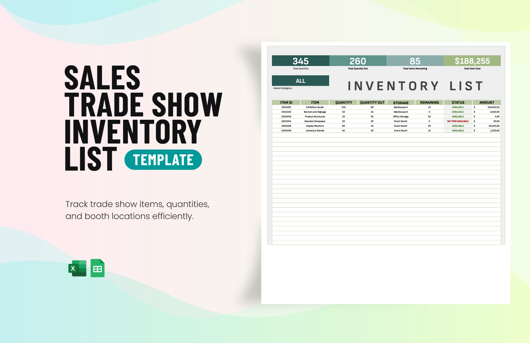 Sales Trade Show Inventory List Template in Excel, Google Sheets